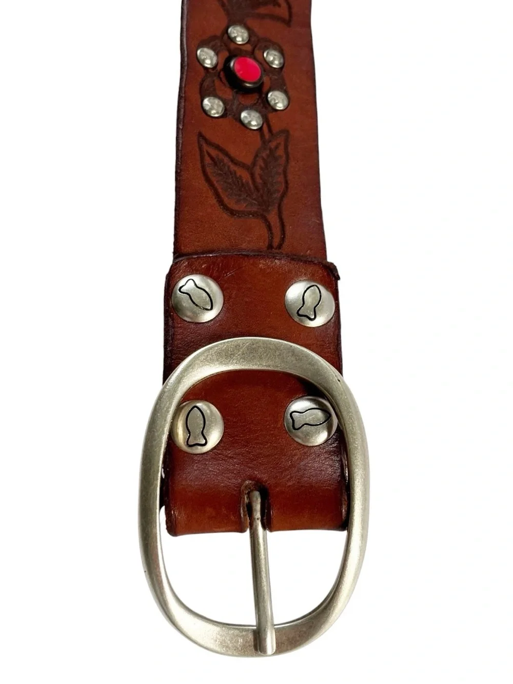 Campomaggi Iperico Cognac-coloured leather belt w/ metallic studs floral motif